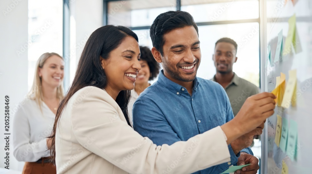 Obraz premium Creative Business Strategy Concept: Handsome Indian Man and Beautiful Indian Woman Placing Sticky Notes on Whiteboard with Diverse Team in Modern Studio