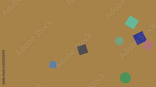 Geometric shapes floating in motion against a warm background with a dark void