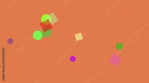Orange background with floating colorful geometric shapes during animation for abstract motion graphics