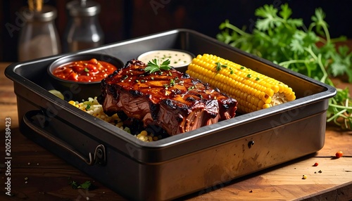 A grilled steak with roasted corn and sauces in a metal pan