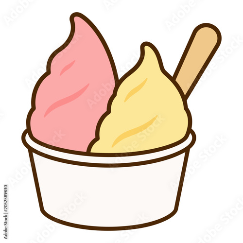 いちご味とバニラ味のジェラートを組み合わせたかわいいスイーツイラストです。
ピンクとクリーム色のやさしい配色で親しみやすく表現しています。