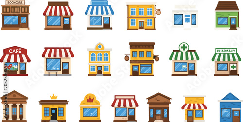 Фотография Colorful cartoon illustration of diverse community storefronts including booksto