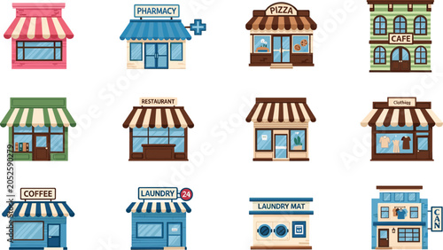 Tableau sur toile Colorful cartoon illustration of diverse storefronts including café, pharmacy, p