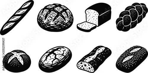 Foto Vector collection of eight artisanal bakery bread icons including baguette sourd