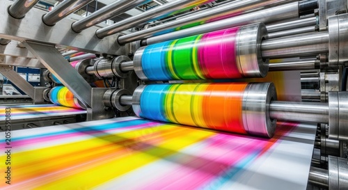 Industrial printing press in action.
