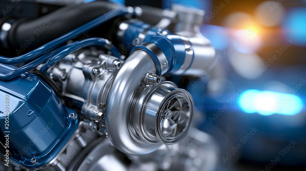 Fototapeta premium Detailed illustration of a turbocharged internal combustion engine showing intercooler piping and turbocharger assembly, technical cutaway style, performance engine diagram,