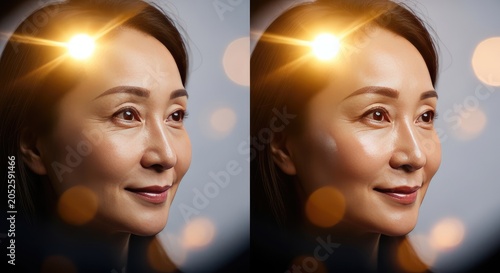 Asian woman with glowing light spots.