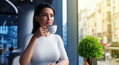 Woman enjoying coffee in cafe.