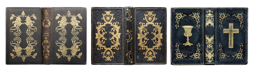 Antique hardcover book with an ornate decorative binding made of cloth and illustrated cardboard, featuring rich gold embossing and vivid colors. 