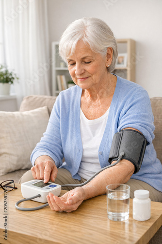 Senior woman checks her blood pressure at home. She sits on a couch with a glass of water nearby. Her arm has a blood pressure cuff. The room is bright and cozy with soft lighting
