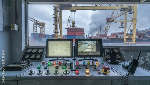 Control Room with Industrial Equipment and Screens.