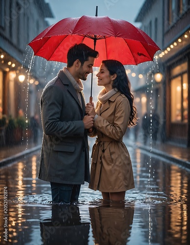 Couple Sharing a Romantic Moment Under a Red Umbrella in the Rain.