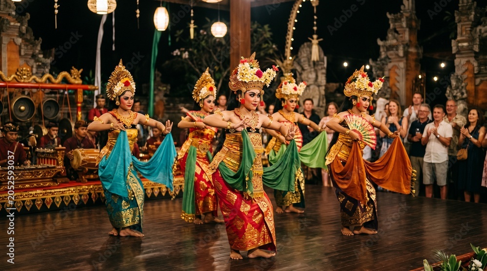 Naklejka premium Traditional Indonesian dance performance with colorful costumes, cultural celebration