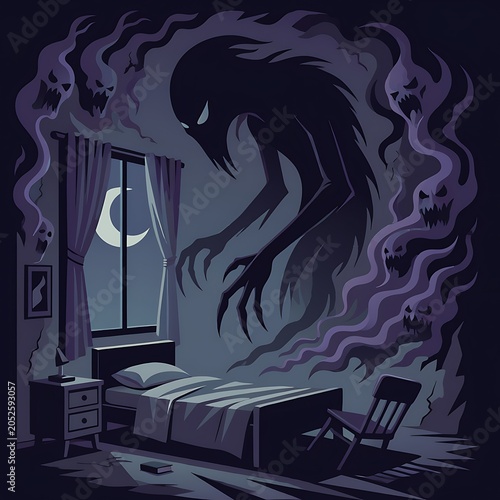Dark Bedroom with Shadowy Figure and Full Moon.