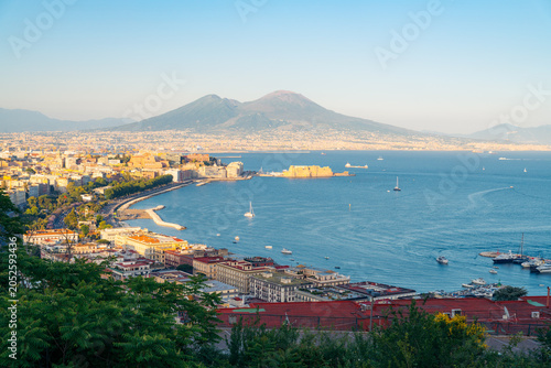 Panoramic view of Naples Italy coastline and bay featuring Mount Vesuvius and city architecture