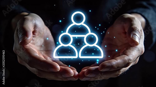 Hands holding glowing people icon