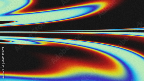 Abstract background with grainy texture, featuring fluid waves of holographic, iridescent color gradients in red, yellow, blue, and green against a black backdrop.