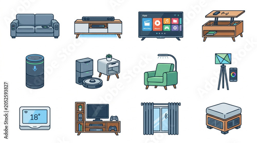 Foto Collection of modern home furniture and electronics icons.