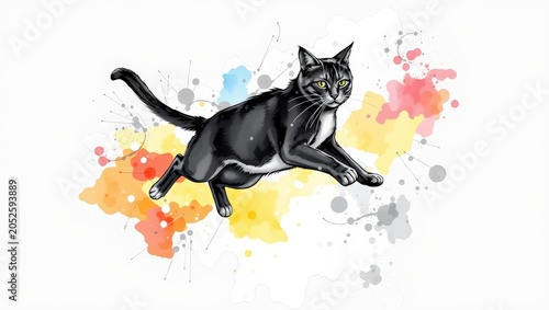 Black Cat Running across Bright Ink Splatter Background