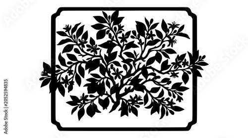 Black Silhouette of a Flowering Plant Branch in a Decorative Frame