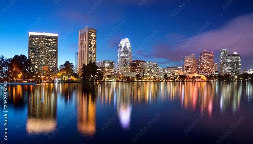 Obraz premium oakland california lake merritt skyline at night with reflections