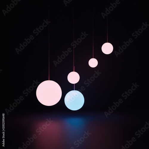 Ethereal abstract composition featuring multiple glowing spheres of light suspended elegantly against a deep, dark background, composition, rendering, deep