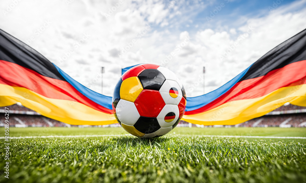 Fototapeta premium soccer ball on stadium grass field framed by large german flags