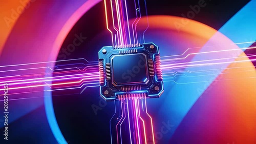 Circuit board with glowing neon lines