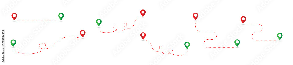 Fototapeta premium Route icon. Two points with dotted path and location pin. Route location icon two pin sign and dotted line. Travel vector icon. Route location icon. Dotted line path location pin. Vector Illustration.