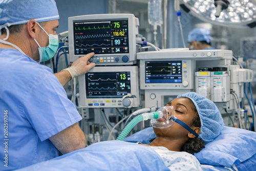 Hospital staff assisting patient with breathing tube.