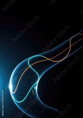Optical physics demonstration showing the complex bending of visible light paths through a dense, transparent medium, glass, science, background