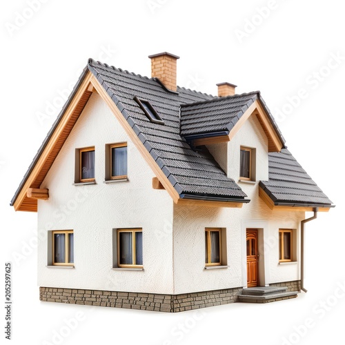 A quaint, white house with a grey tiled roof and wooden trim. The image showcases a typical suburban dwelling with a focus on the exterior architecture and design elements.
