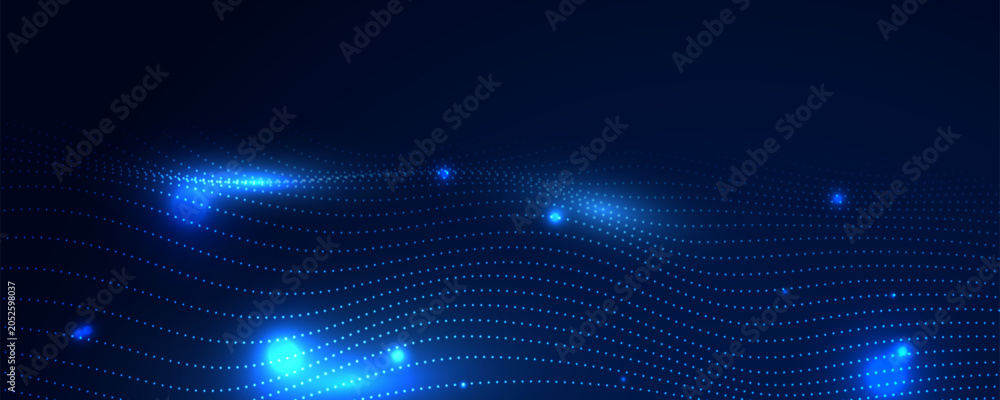 Obraz premium Abstract blue technology background with glowing particle wave, digital dot pattern and dark copy space.