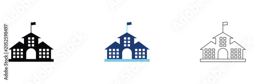 Canvastavla School Building Icon Set – Educational Institution Symbols in Solid, Colored and Outline Styles