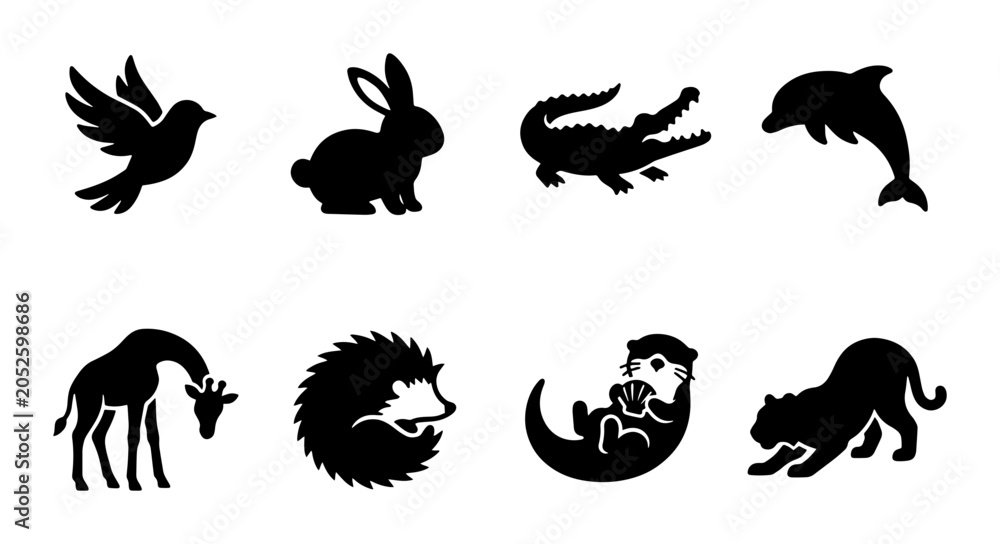 Obraz premium Animal icon set for nature and wildlife apps outline, solid and color styles, white background