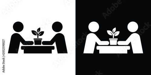 Bild auf Leinwand Business growth and startup development icon showing two partners nurturing a plant in a pot over a table