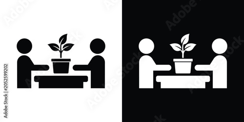 Schilderij op canvas Business growth and startup development icon showing two partners nurturing a plant in a pot over a table
