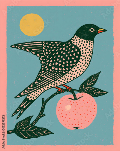 Vintage Folk Art Bird on Apple Branch with Sun and Retro Pastel Texture