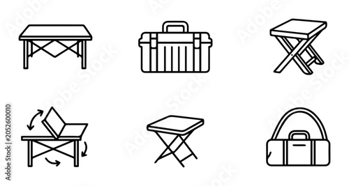 Photos 6 Portable Furniture and Tool Icons, Outline Style, for Outdoor and DIY Use
