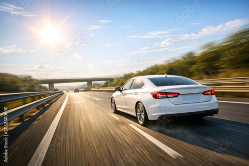 A white sedan car in motion on a clear day with sun rays coming through the trees in the background.