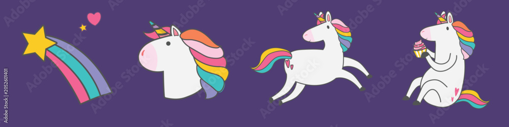 Obraz premium Vector of cute unicorns with rainbow manes and a shooting star on a purple background.