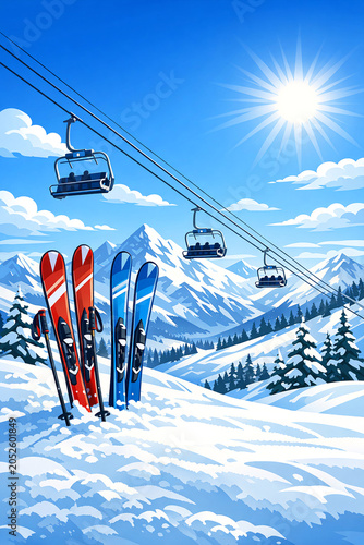 Brightly colored skis standing upright in snow with ski lift above mountain range and clear blue sky.