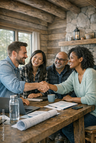 The image captures a moment of positive interaction among business people.