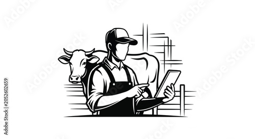 Farmer with cow and digital tablet.
