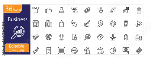 Business icons set. Includes strategy, leadership, teamwork, finance, growth, and management symbols. Editable stroke. Line icons.
