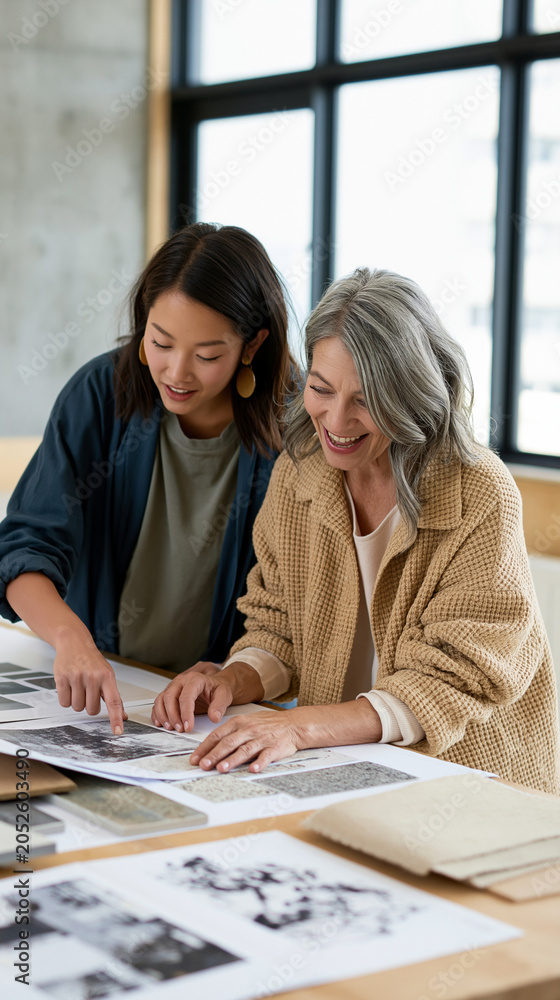 Fototapeta premium Two women collaborating creatively in a bright, modern workspace