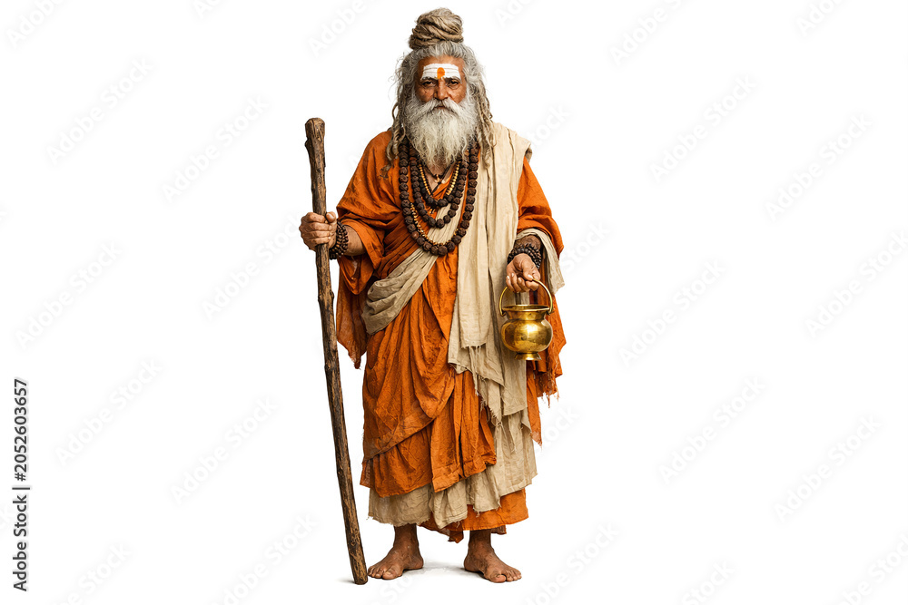 Obraz premium A spiritual figure representation, possibly a Buddha or a sage, depicted in traditional attire holding a staff and bell.