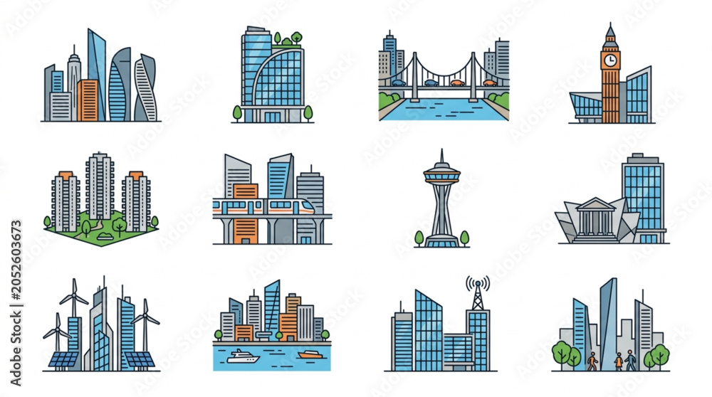 Obraz premium Collection of Urban Skyline and Cityscape Icons