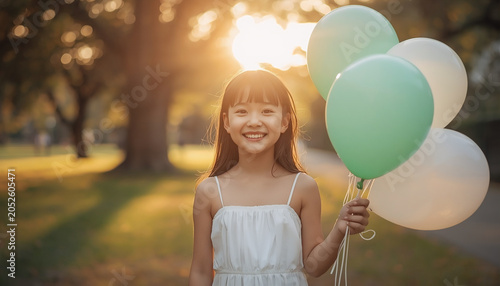 Happy Little Girl in White Dress Holding Green and White Balloons for 14 August Celebration in Park