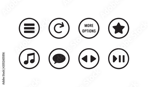 Fotografie Eight rounded UI navigation icons featuring menu options settings and media playback tools